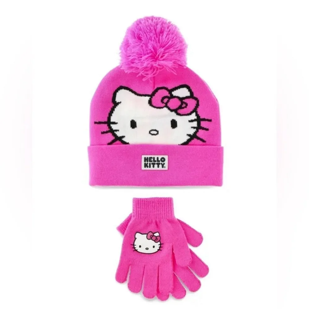 NWT Hello Kitty Pink Pom Pom Winter Hat Matching Mittens Set